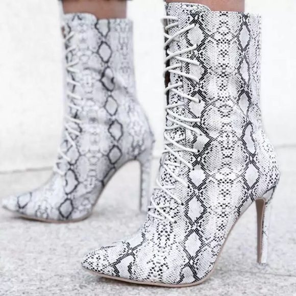 Snake Vegan Leather Lace Up Sexy Stiletto Boots - Picture 2 of 8
